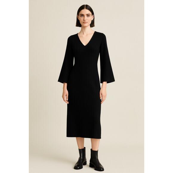 COS Black Wool Midi Dress M Minimalist Scandinavian Style VNeck Lagenlook Witchy - Picture 1 of 9
